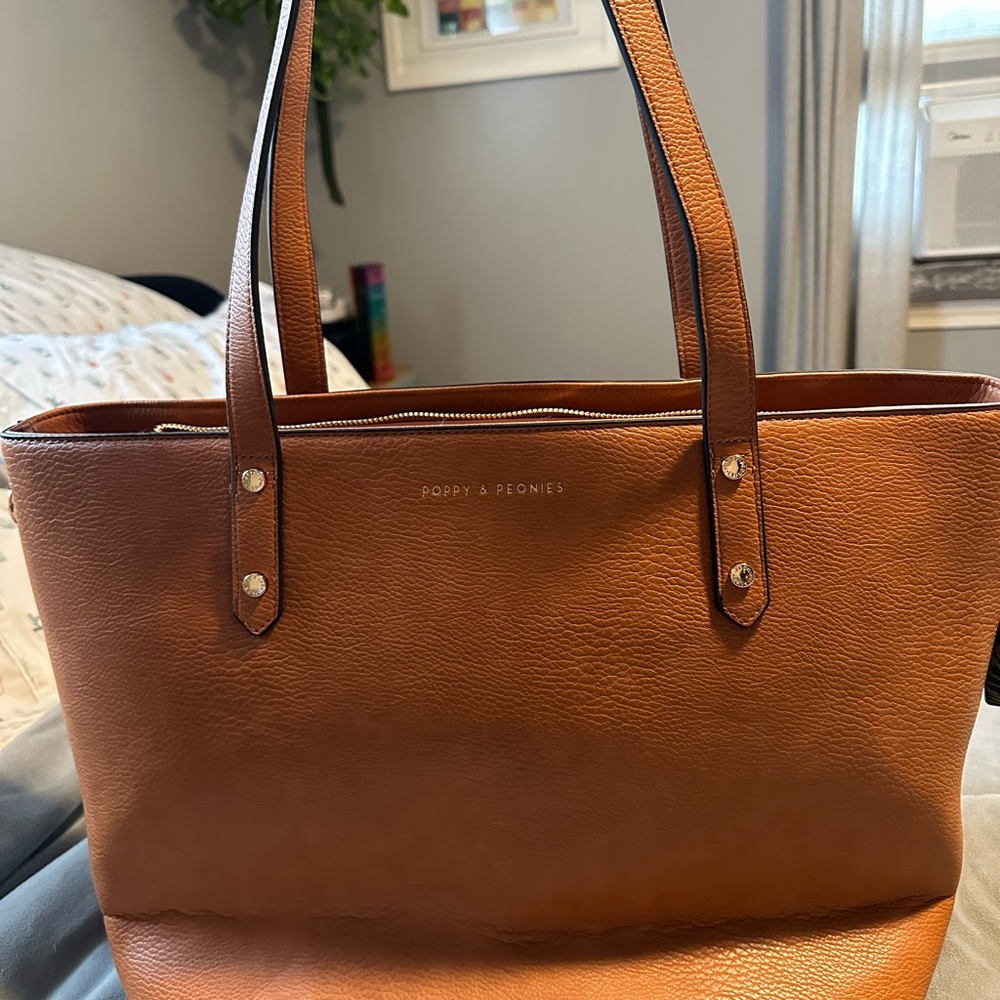 Poppy & Peonies Tan Leather Tote Bag